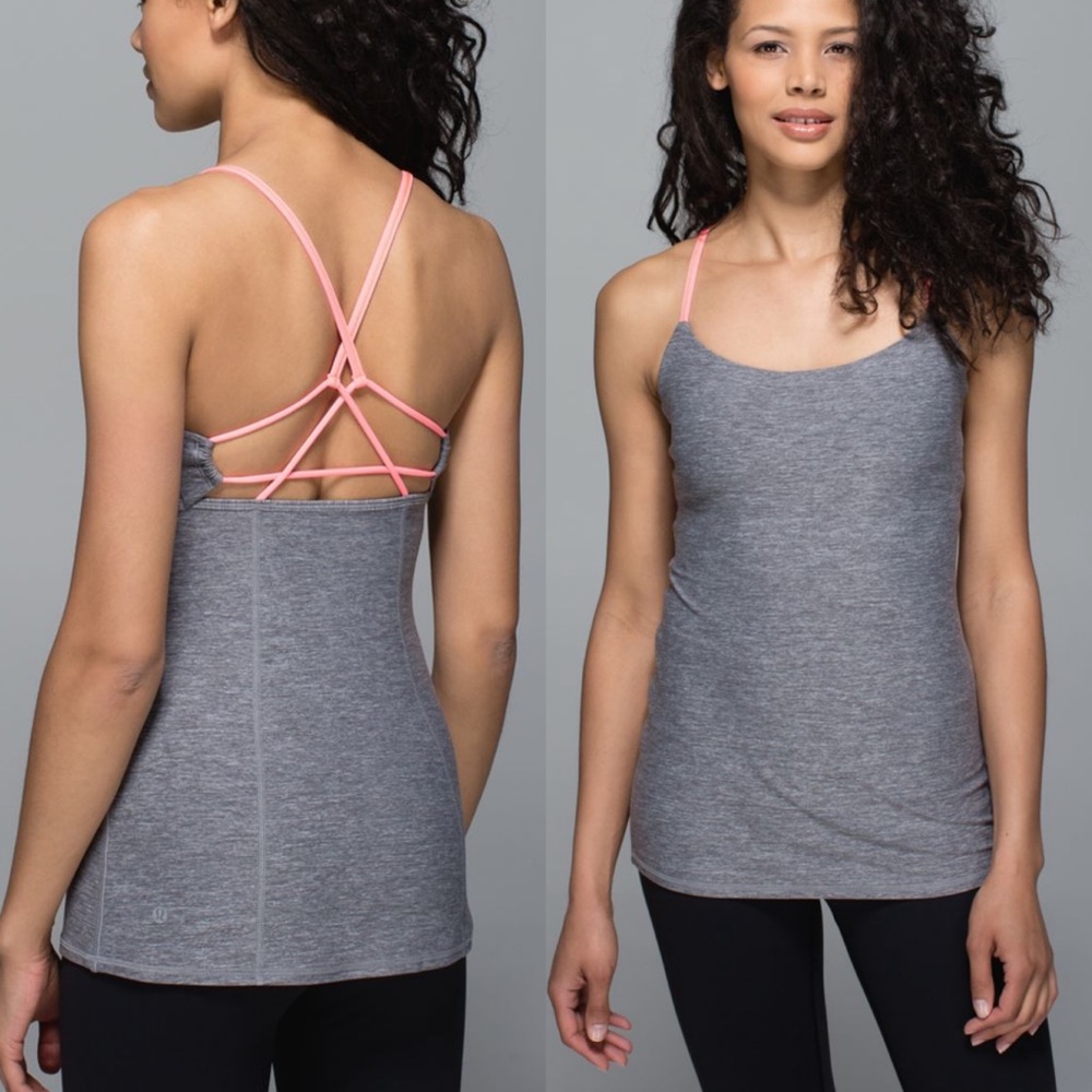 Lululemon Dancing Warrior Tank Heathered Slate Gray / Grapefruit Coral Straps
